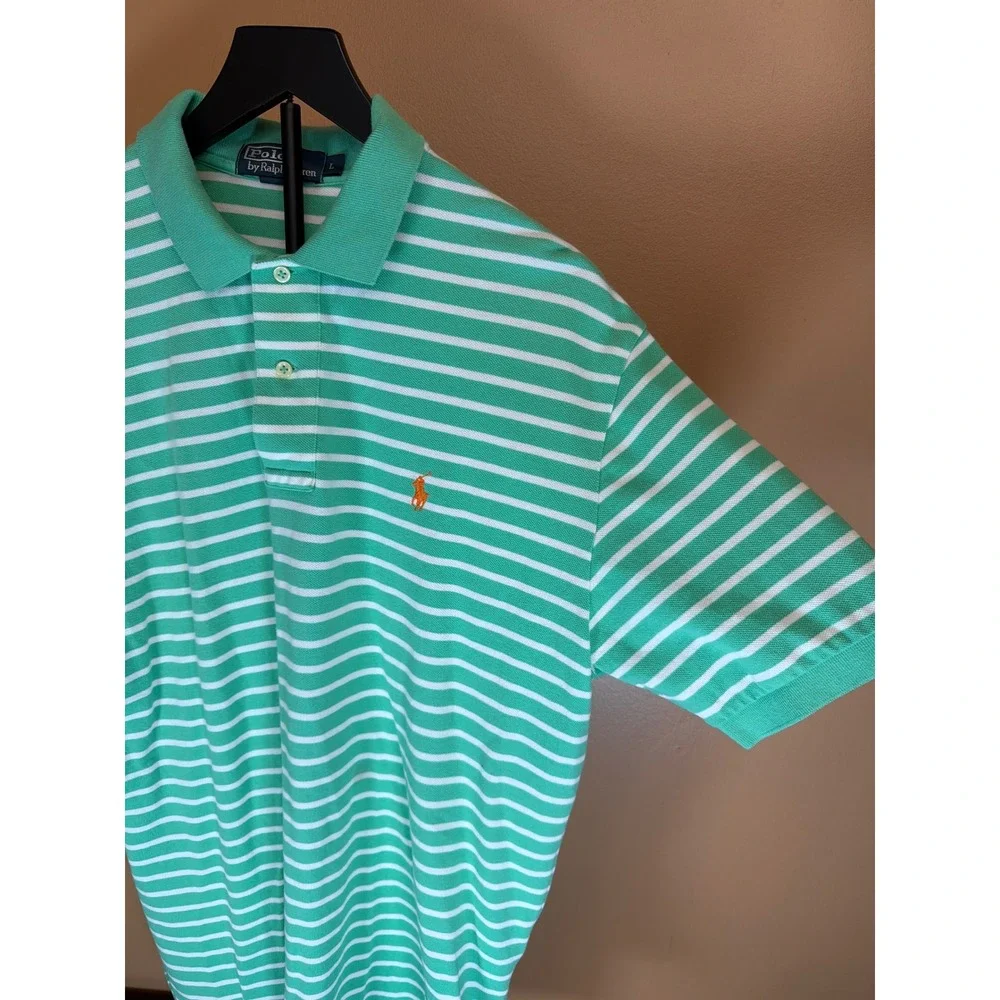 Polo Ralph Lauren Mens Green White Striped Short Sleeve Polo Shirt Orange Pony L